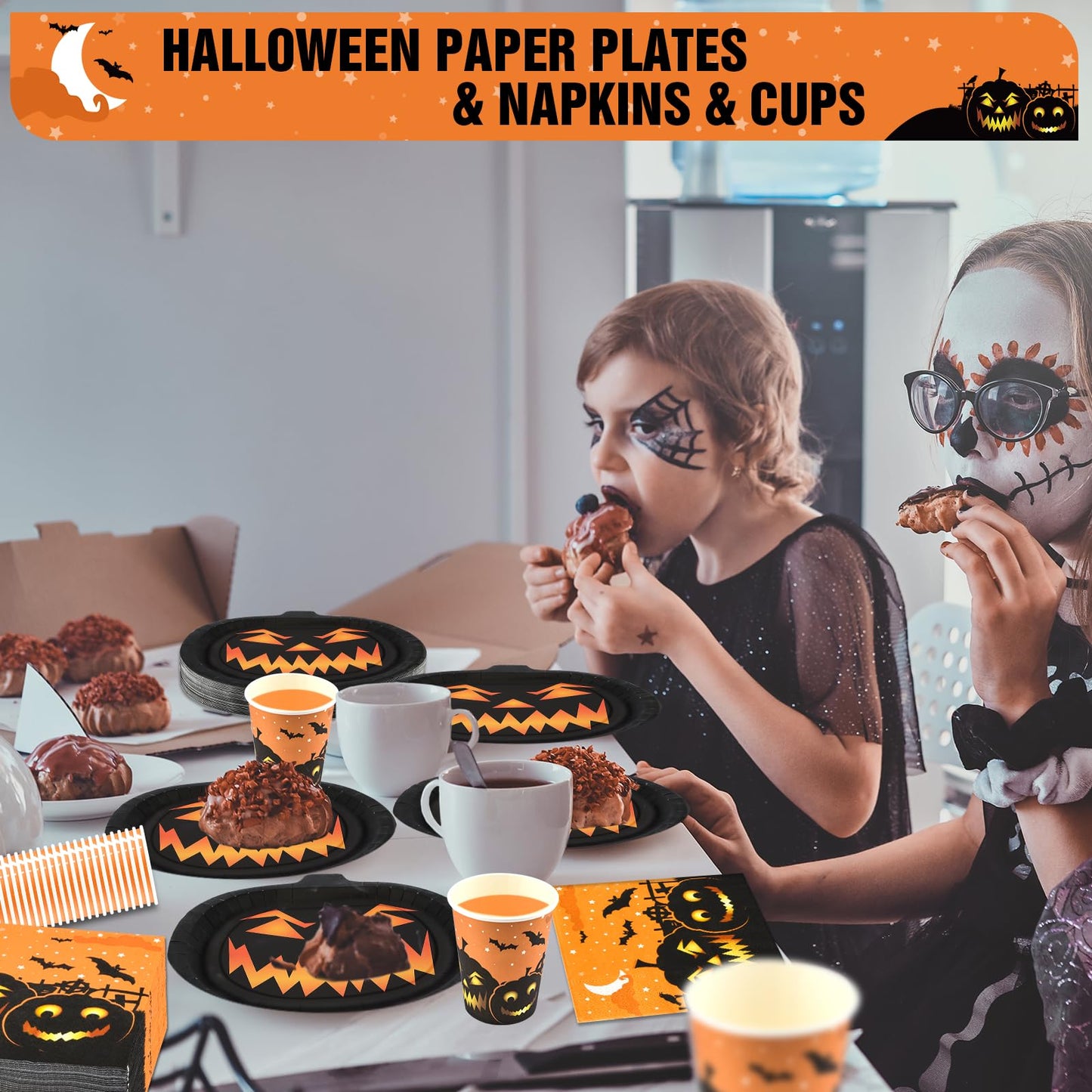150Pcs Halloween Plates and Napkins Cups Party Supplies Disposable Dinner Dessert Appetizer Cutlery Plates Dinnerware Sets Black Pumpkin Jack-o'-lanterns Orange Spooky Decorations