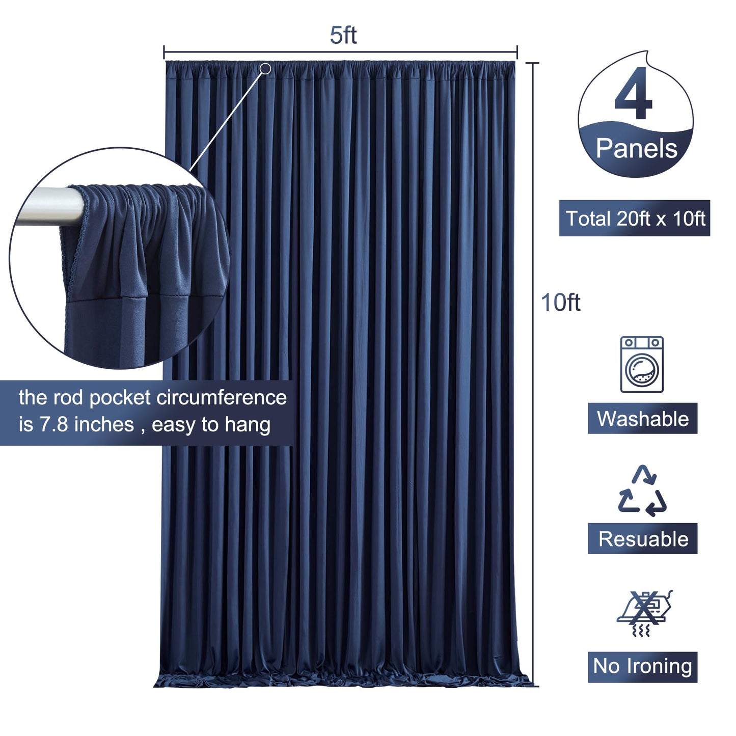 20ft x 10ft Wrinkle Free Navy Blue Wedding Backdrop Curtains for Party Bridal Shower Reception Decorations Navy Blue Fabric Curtain Backdrops Drapes for Photography Baby Shower Birthday Background