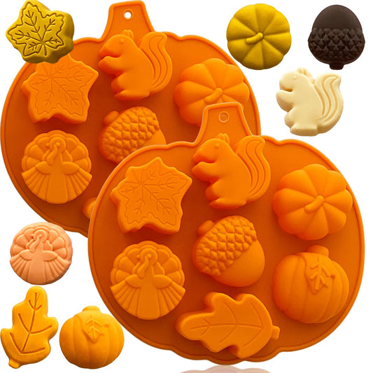 2PCS Fall Silicone Molds Thanksgiving Chocolate Mold Pumpkin Soap Mold Autumn Maple Leaf Candy Mold Acorn Squirrel Ice Cube Mold for Baking Halloween Cake Cupcake Decoration (Amber yellow)
