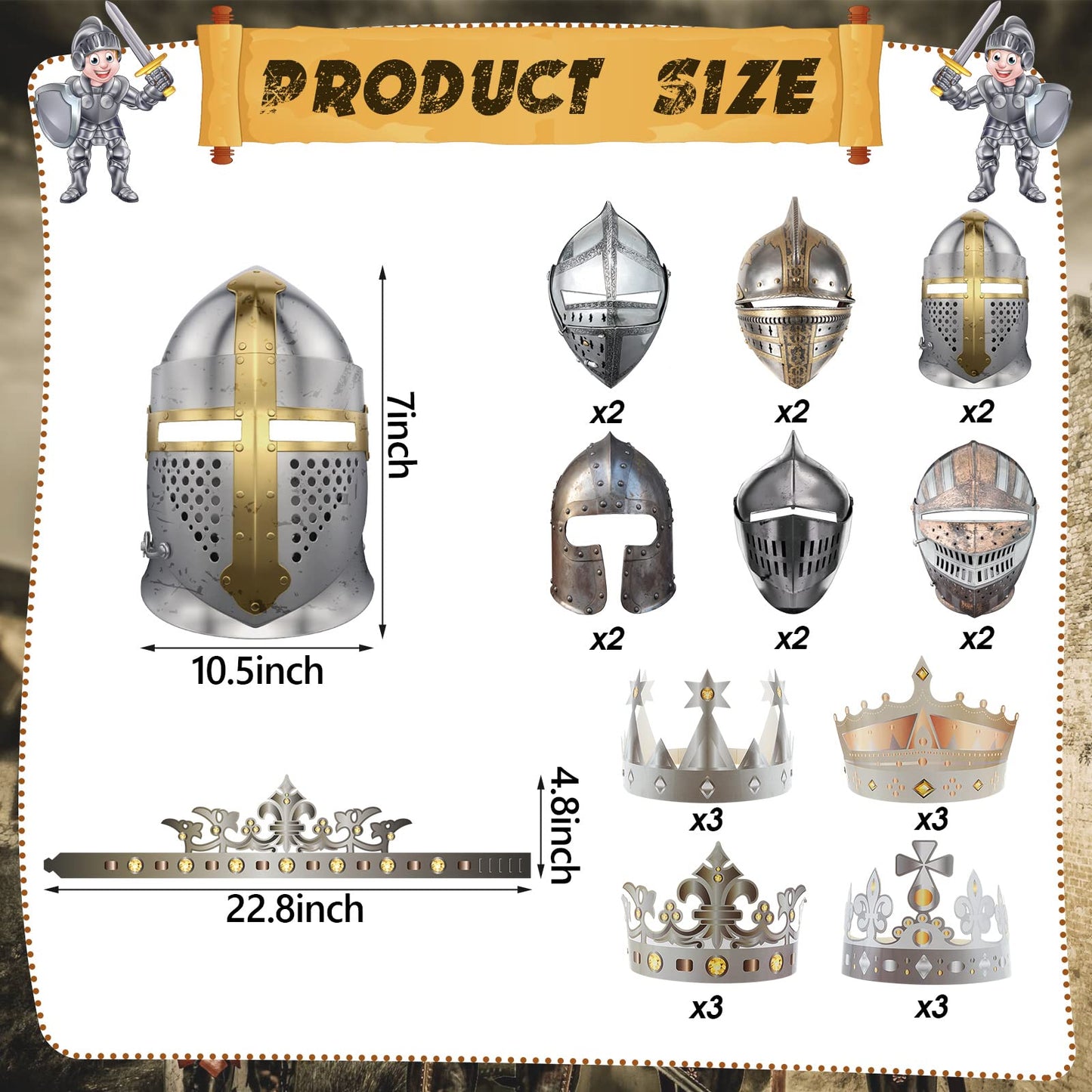 24 Pcs Medieval Knight Party Decorations Paper Knight Helmets Masks Crowns for Kids Crusader Samurai Soldier Costume Favor Gift for Cosplay Roman Viking Dress up Party Decor