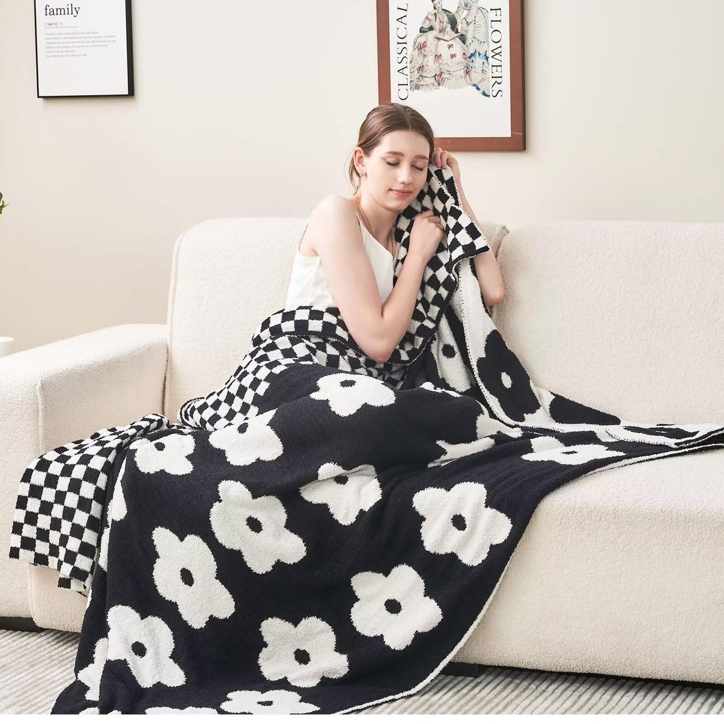 XIBLC Checkered Throw Blanket, Black Super Soft Knit Breathable Throw Blanket, Cozy Fluffy Reversible Checkerboard Flower Fuzzy Blanket for Couch Sofa Bed Living Room Decor 60 x 80 Inch