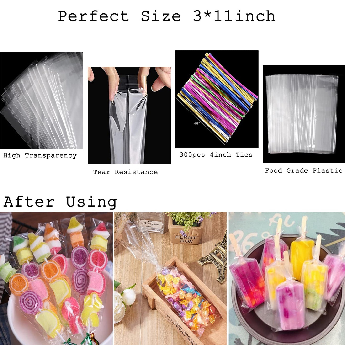 600pcs Cellophane Bags Set - 300pcs Long Clear Treat Bags, 300pcs Colors Twist Ties for Gifts, Party Favors