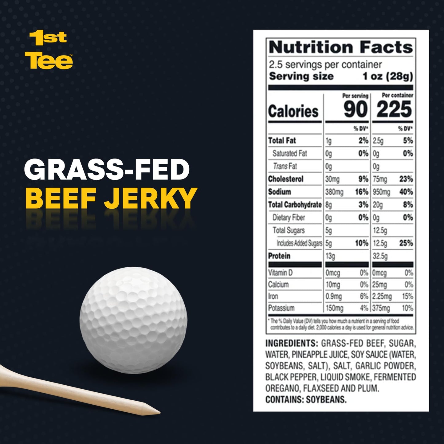 1st Tee Cracked Black Pepper Beef Jerky made with grass-fed beef jerky, 13 grams proteins and one gram fat per serving 2.5oz