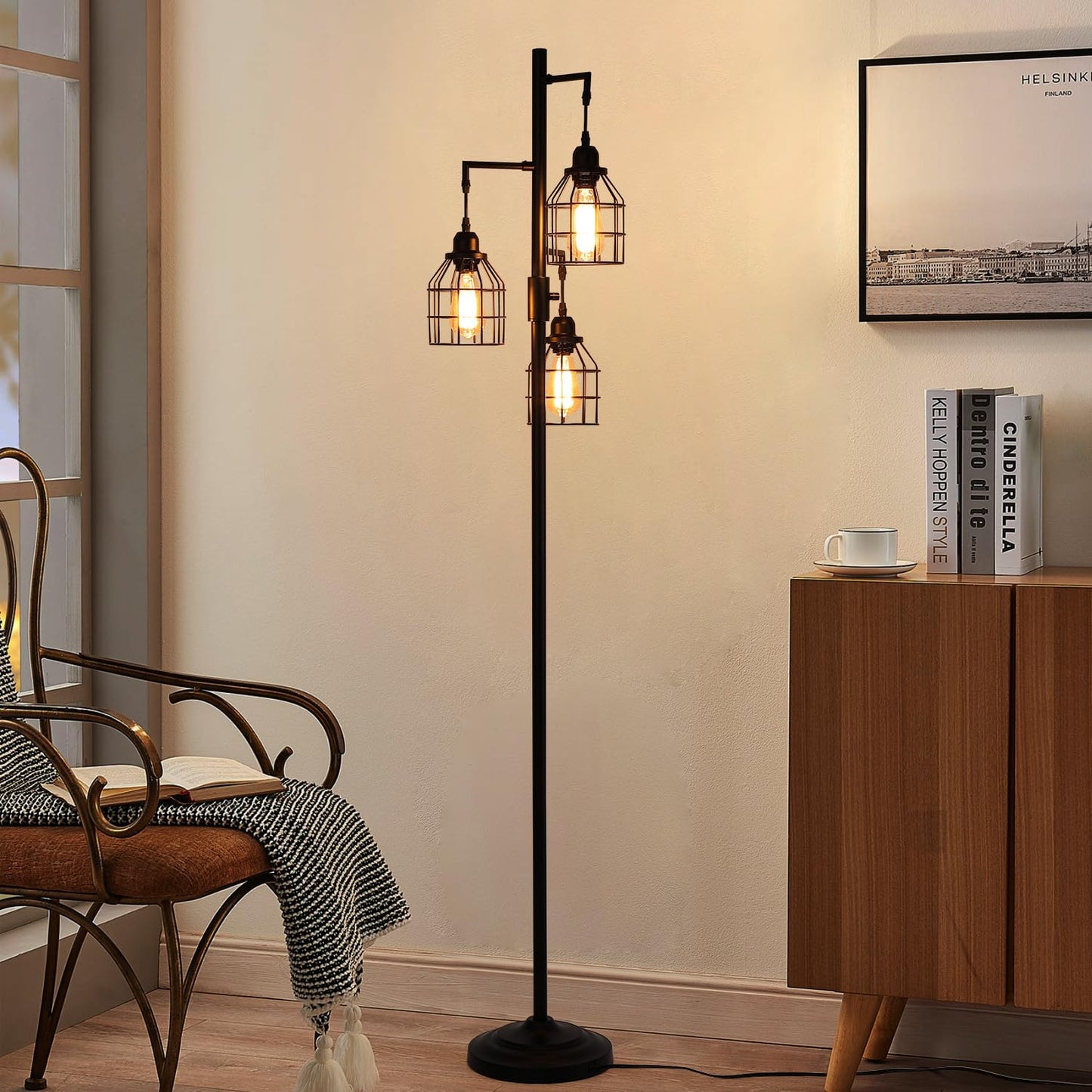 9MMML Floor Lamp for Living Room, Farmhouse Industrial Dimmable Floor lamp,3 Lights Metal Cage Tree Standing Lamp,68", 3Pcs Led Bulbs Included