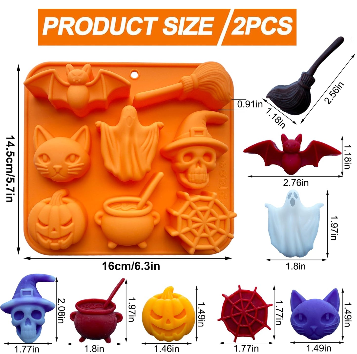 2 Pack Halloween Chocolate Candy Silicone Mold Halloween Molds Ghost Pumpkin Bat Skull Witch Hat Gummy Fondant Baking Mold for DIY Ice Cube Sugar Halloween Party Cupcake Cake Decorating