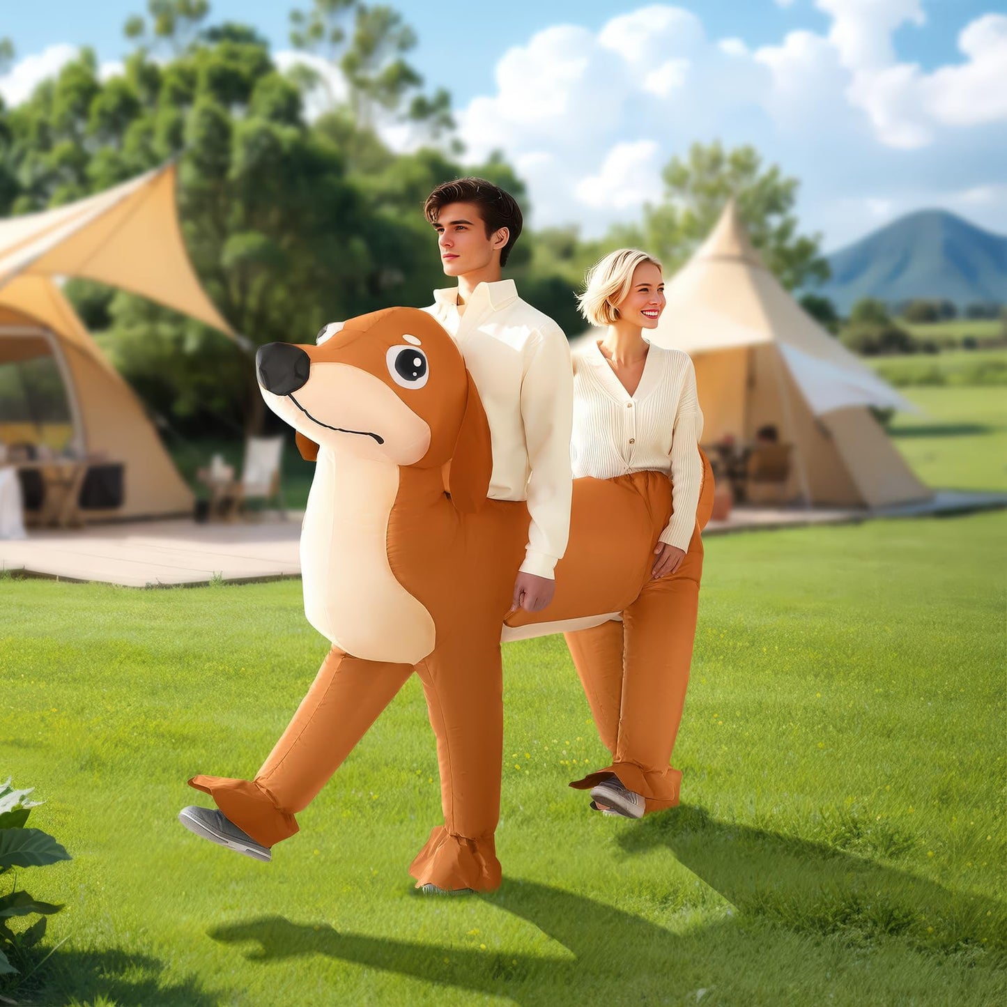 XYJKIDSES Couple Inflatable Dachshund Costume for Adult Halloween Blow Up Costumes 2 People Funny Dog Costumes for Men Women Cosplay