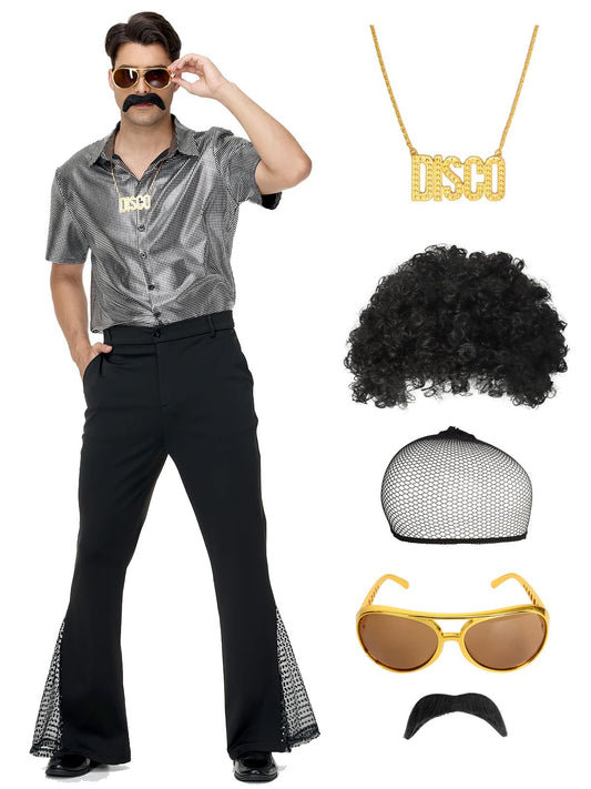 Wianja 70s Disco Outfits for Men - 7pcs 70s Costumes Bell Bottom Pants Shirts Wigs Necklace Moustache Sunglasses Hairnet