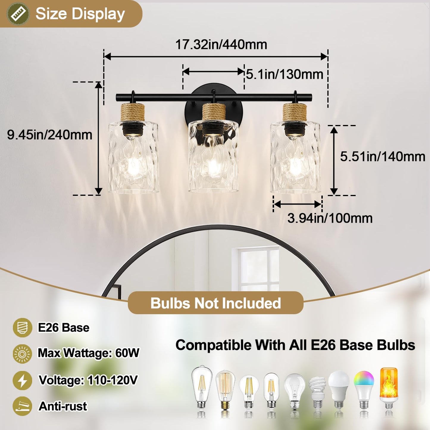 2025 Upgrade 3-Light Bathroom Light Fixtures, Coastal Vanity Lights with Crystal Glass Shade, Black Bathroom Wall Lamp for Mirror Kitchen Hallway Cabinet