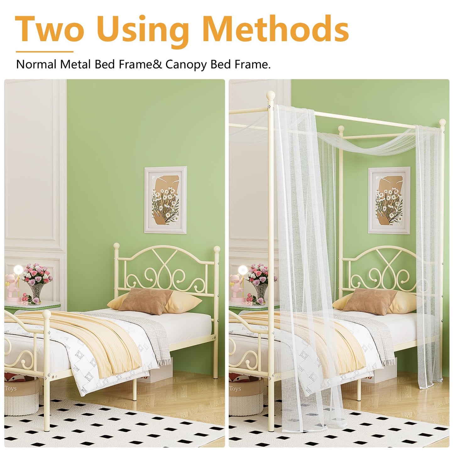 Weehom Princess Canopy Bed Frame with 4 Posters, Sturdy Metal Platform with Headboard&Footboard No Box Spring Needed Twin Size Bed for Kids Girls Adults,Beige White