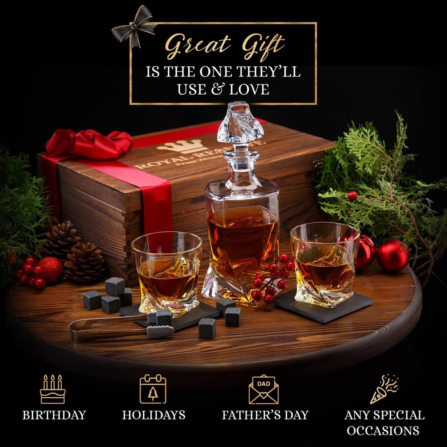 Whiskey Decanter Set by Royal Reserve – Whiskey Gift Set - Twisted Bourbon Decanter 24 oz 750 ml with Glasses, Whiskey Stones, Coasters, Tongs – Whiskey Gifts for Men, Husband, Dad Christmas