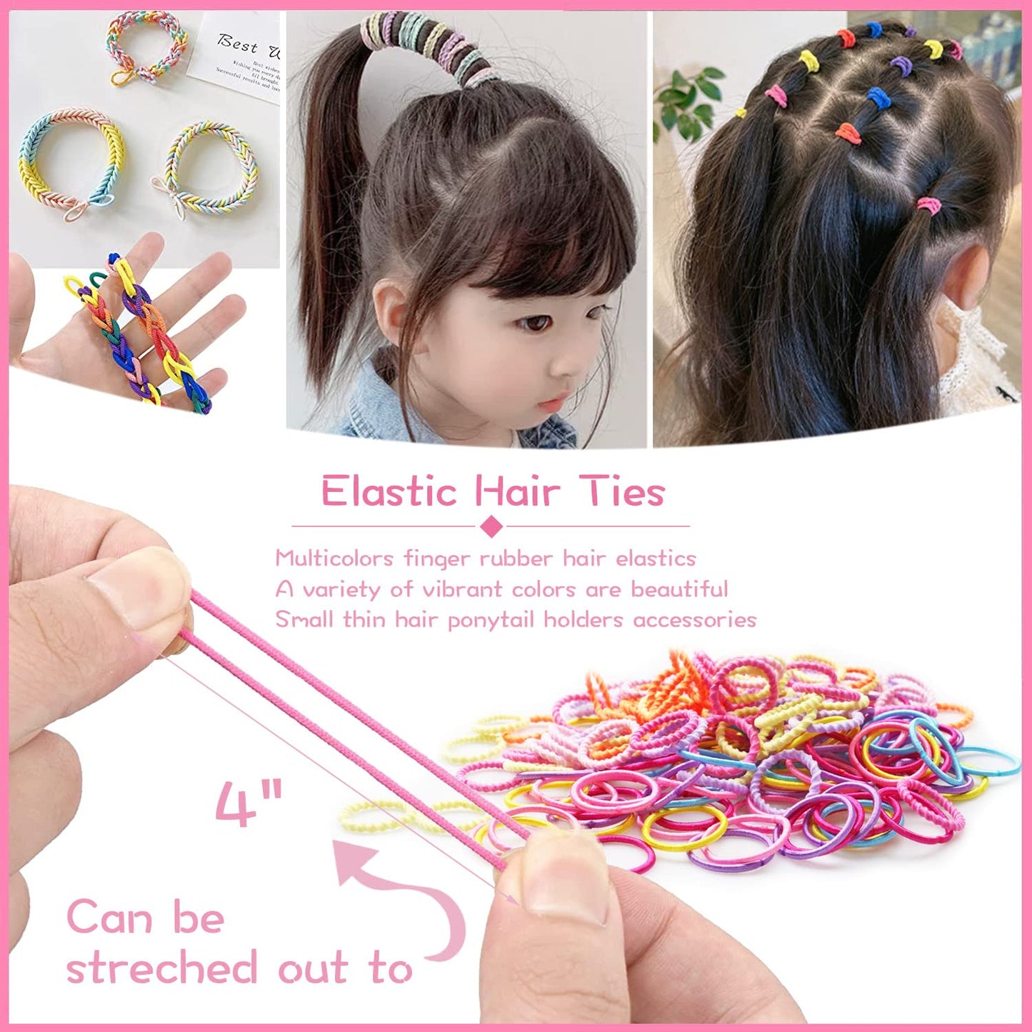 1125Pcs Girls Hair Accessory Set - Mini Seamless Cotton Hair Ties, Multicolor Finger Bands, Colorful Small Rubber Elastics, Butterfly Hair Clips, Ponytail Holders for Toddlers