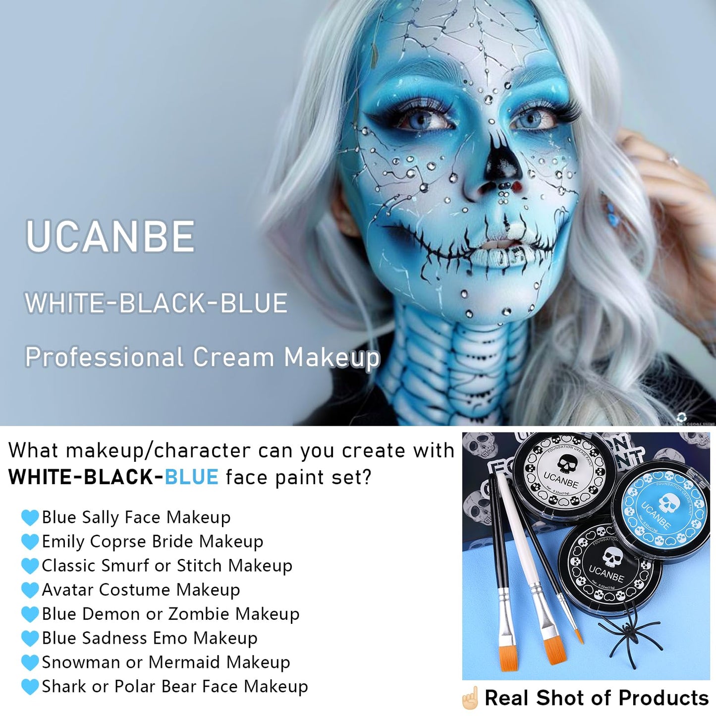 White Black & Light Blue Face Body Paint for Halloween Sally & Corpse Bride Makeup, Non-Toxic Face Painting Kit with Brushes for Kids Adults Smurf Avatar Mermaid & Demon Costume Cosplay SFX Make Up