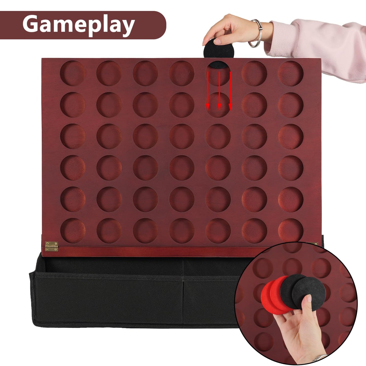 Wahartoly Wall Mounted Wooden Giant 4 in A Row Room Wall Decor Game Accessories and Decor Four in A Row with Pieces Coins Large Size 22 Inch Drop Four Connect Game Solid Wood Game Board (Red Peach)