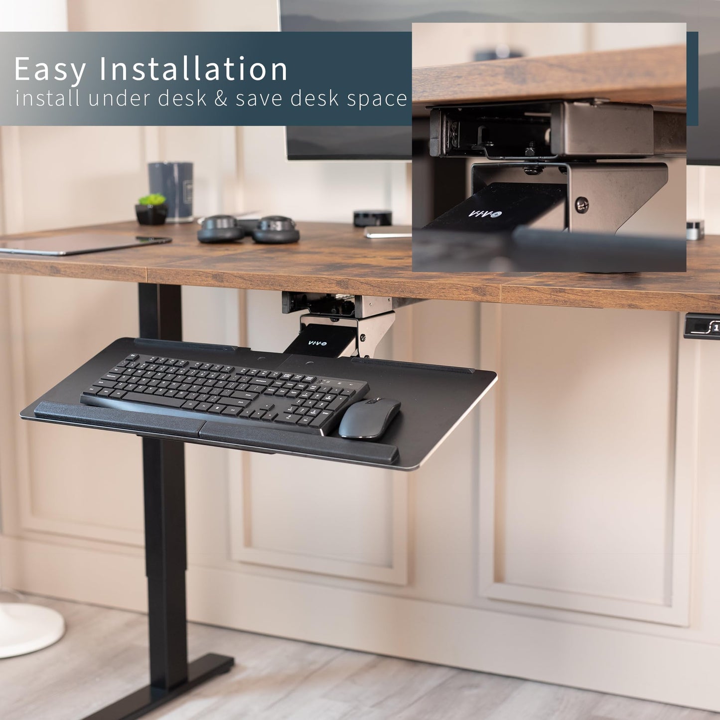 VIVO Adjustable Computer Keyboard and Mouse Platform Tray Deluxe Smooth Rolling Track Under Table Desk Mount, Black, MOUNT-KB04C