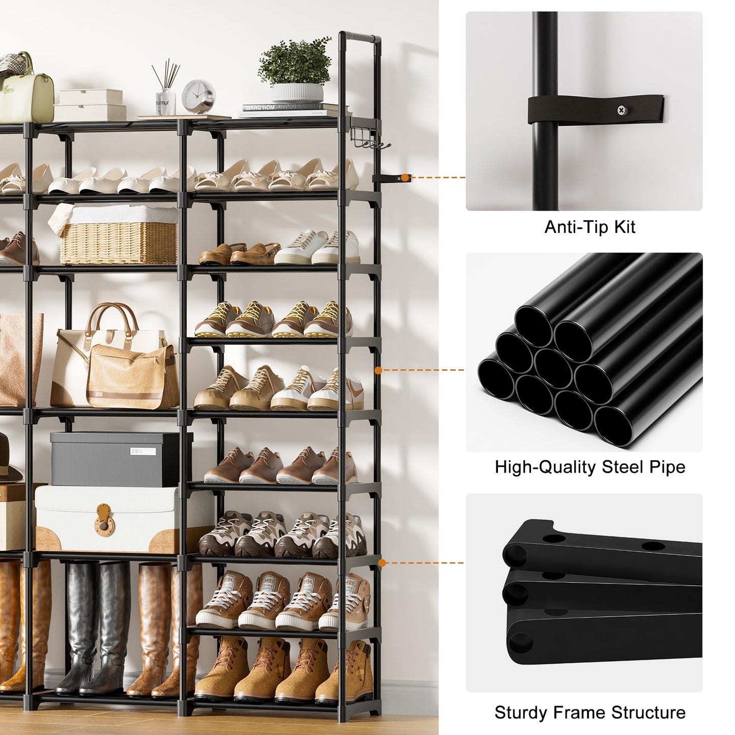 WOWLIVE 4 Row 9 Tiers Extra Large Shoe Rack 72-80 Pairs Big Tall Metal Shoe Shelf, Heavy Duty Organizer for Closet Entryway, Boot Rack Storage Stackable Stand for Garage Black