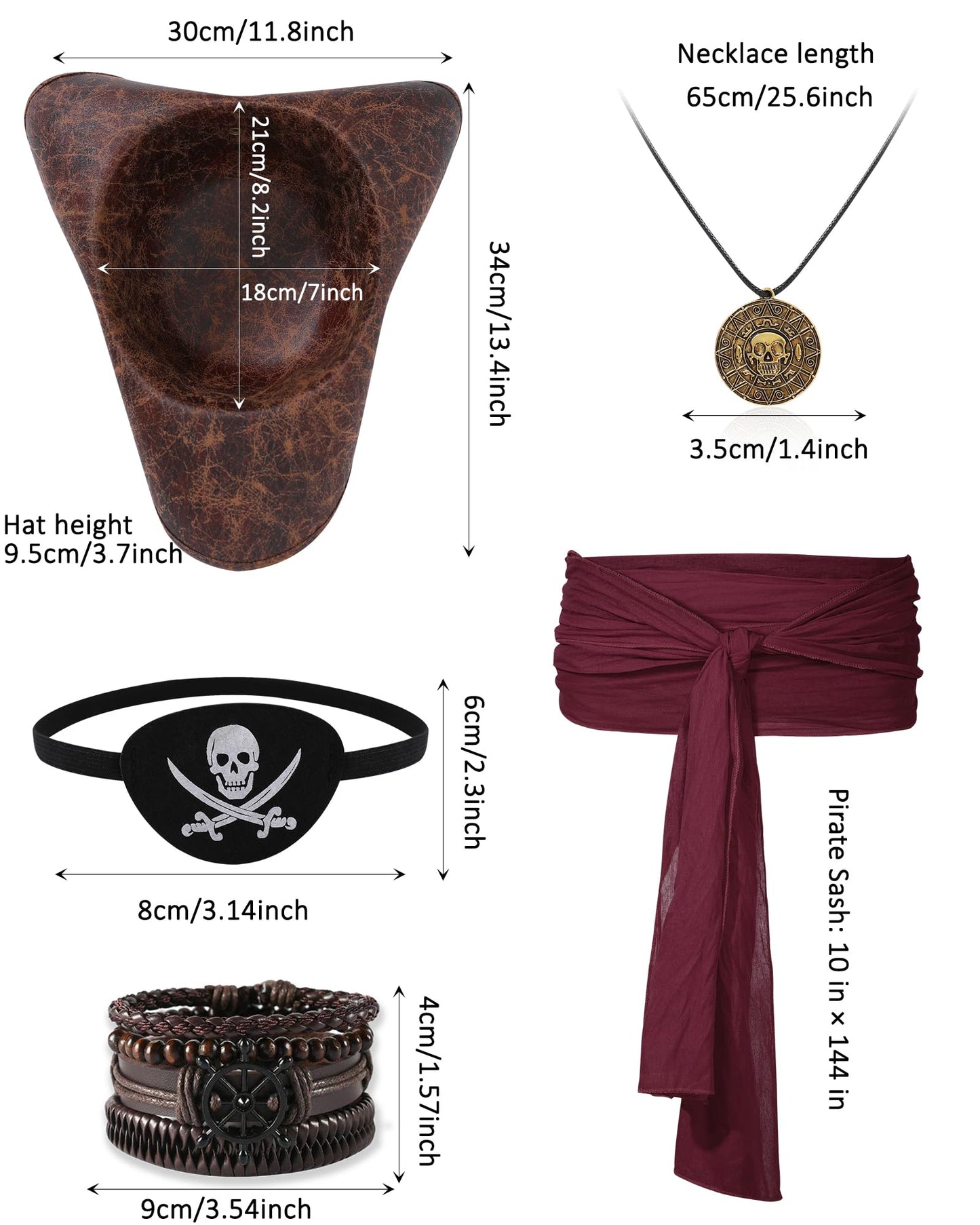 WooHand Pirate Hat and Accessories Set with Eye Patch Necklace Sash Leather Bracelets for Men Women Pirate Costume Halloween Cosplay Renaissance Outfit