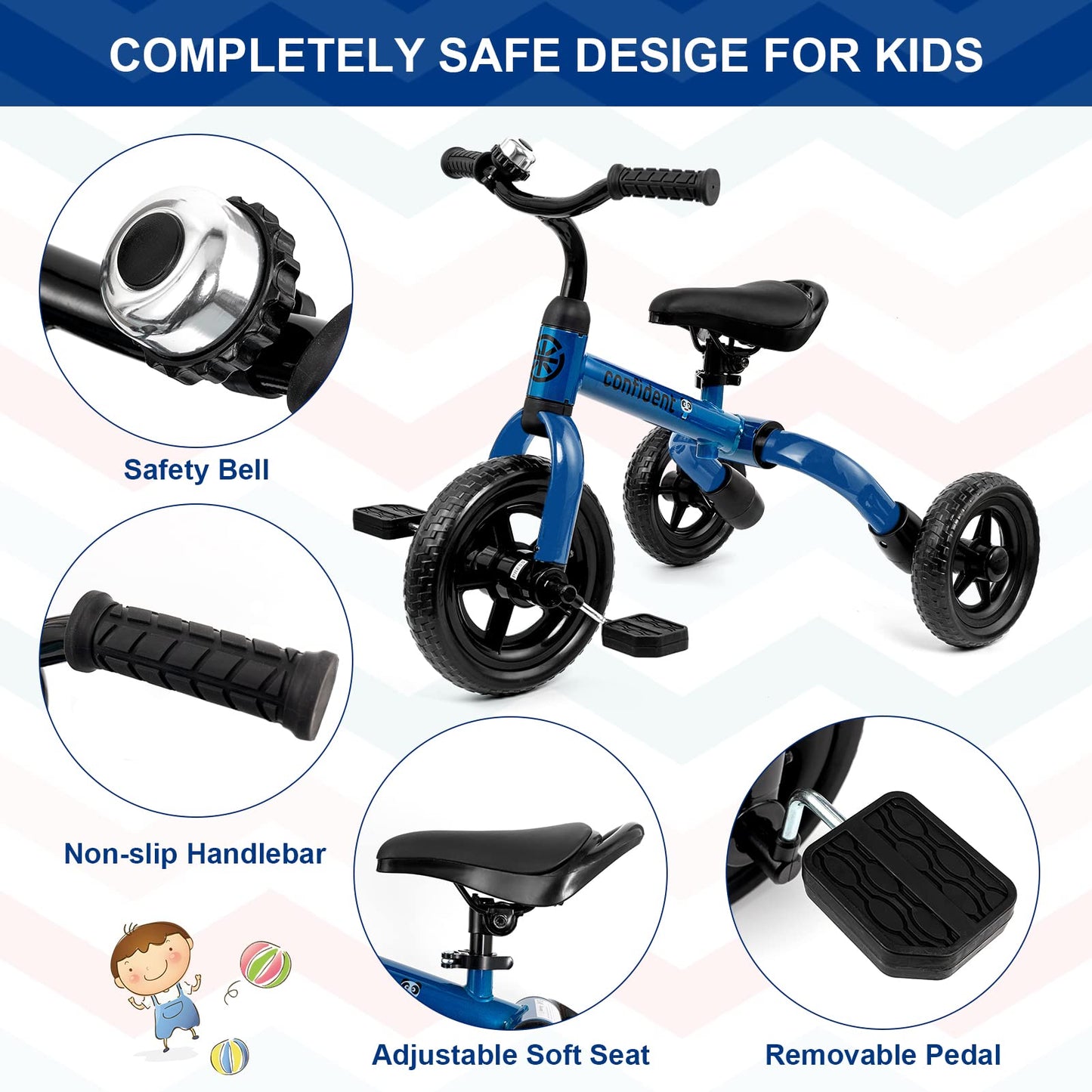 XPIY Tricycle for Toddlers Age 2-5 Years Old, 3 in 1 Folding Toddler Bike for Boys and Girls, Kids' Bike Trike with Detachable Pedal and Adjustable Seat (Blue)