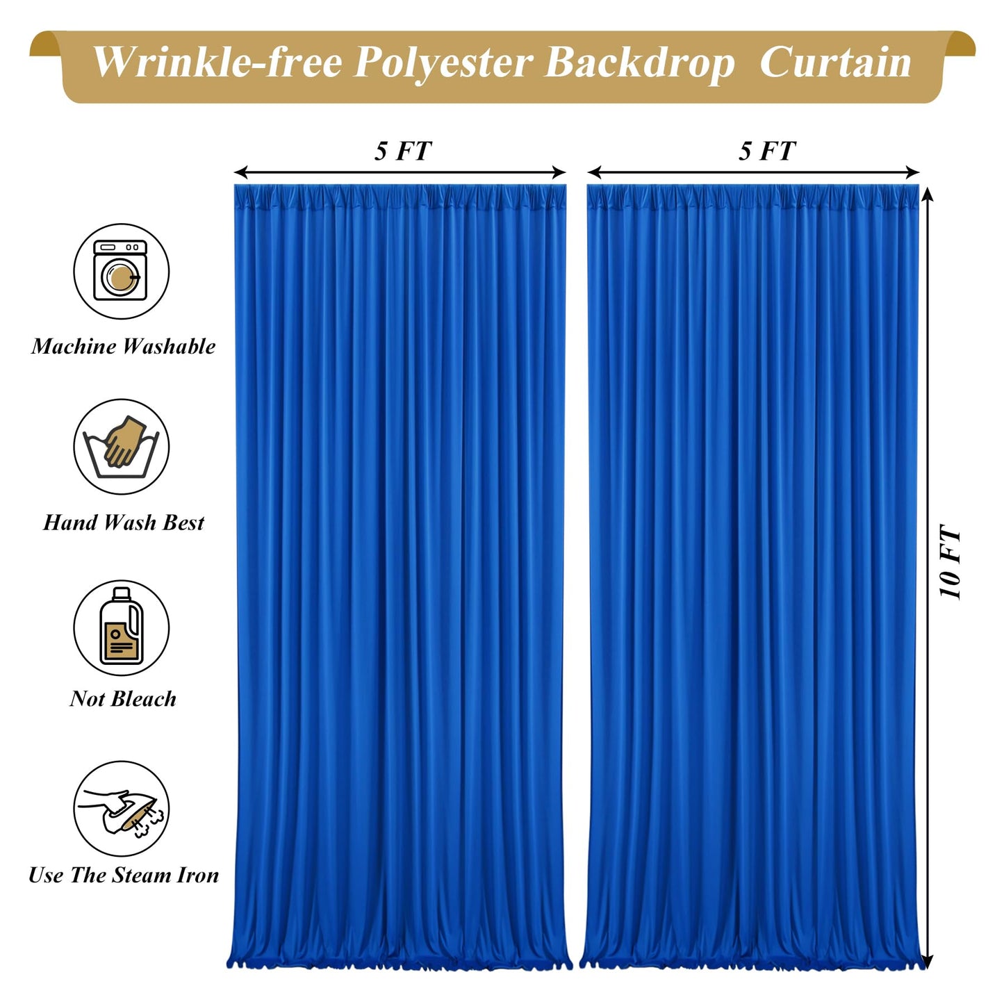 10x10ft Royal Blue Backdrop Curtains for Baby Shower, Wrinkle Free Photo Curtain Backdrops for Birthday Party, Polyester Backdrop Drapes for Wedding Photo Shoot (5ft x 10ft, 2 Panels)