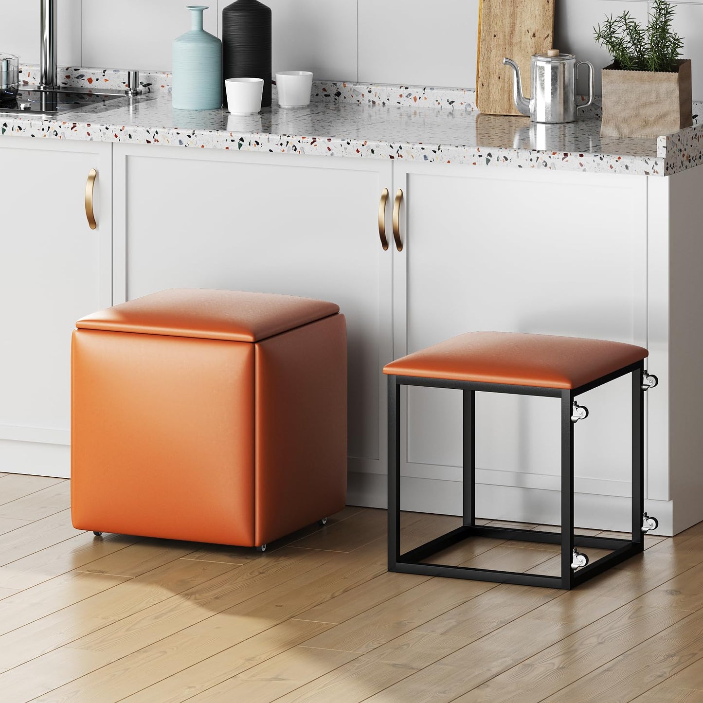 5-Piece Makeup Stool with Wheels, PU Leather Footrest Stool Ottoman Seat Vanity Stool, 5 in 1 Metal Frame Foot Rest Ottoman for Living Room, Bedroom, Orange