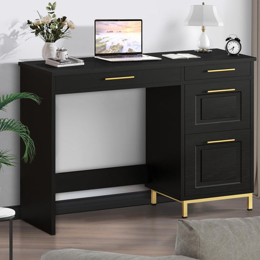 4 EVER WINNER Black Desk with Drawers, Modern Home Office Desks with Golden Handles and Drawers, Computer Table for Small Spaces, Black and Gold Desk
