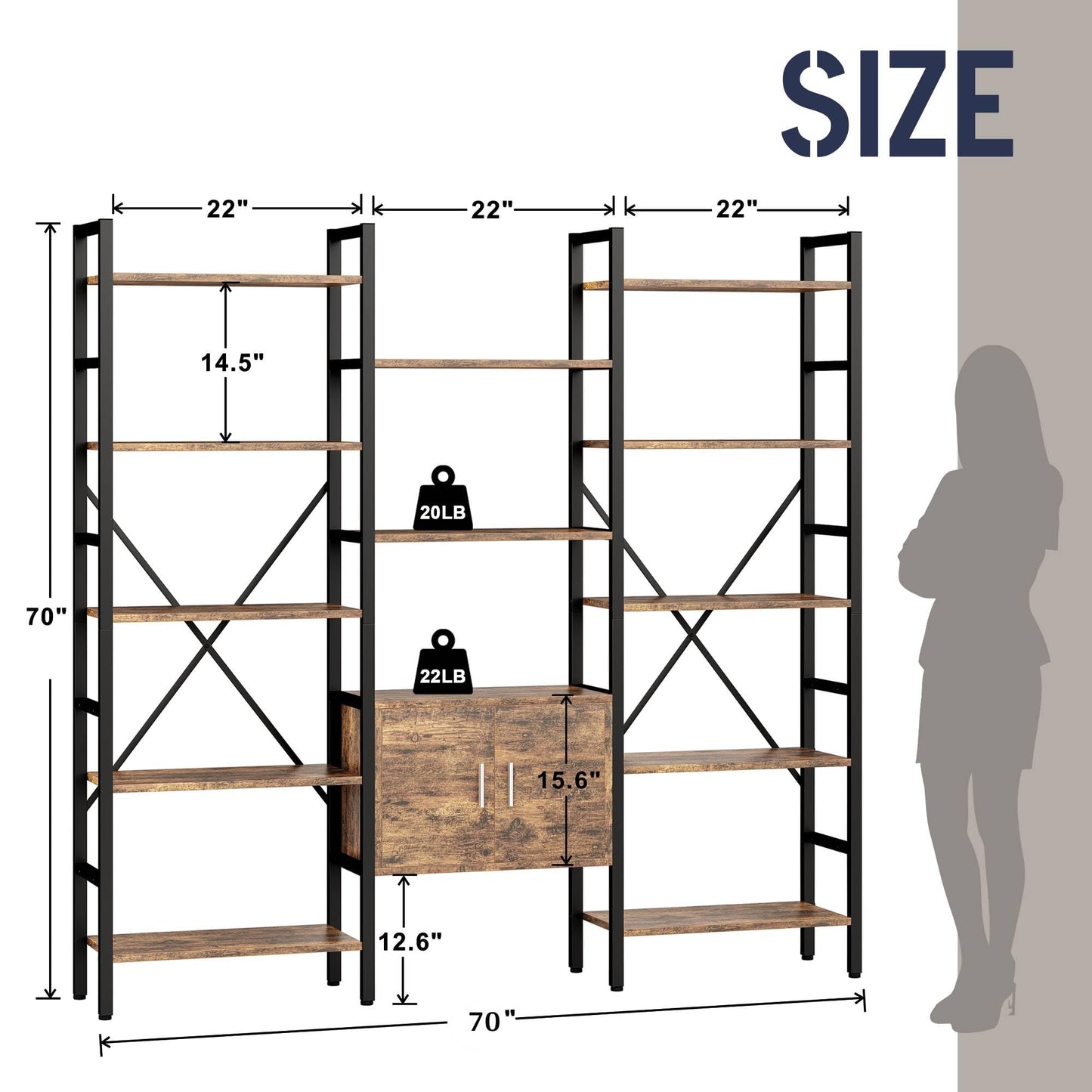 70 x70" Triple 5 Tier Book Shelf, Industrial Large Bookcase with Storage Cabinet, Tall Bookshelf with 14 Open Display Shelves Metal Frame Furniture for Living Room Bedroom Home Office Rustic Brown