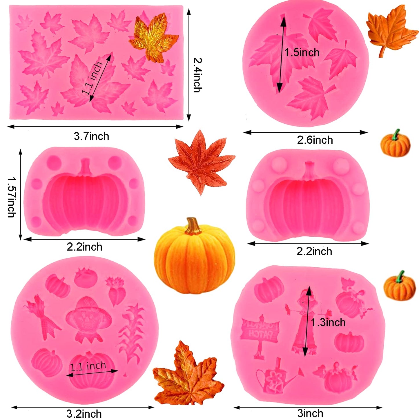6Pcs 3D Pumpkin Mold Fall Maple Leaf Silicone Mold Mini Pumpkin Scarecrow Shape Chocolate Mold Halloween Thanksgiving Cake Molds Fondant Candy Mold for Cupcake Toppers Resin Candle Soap Baking Molds