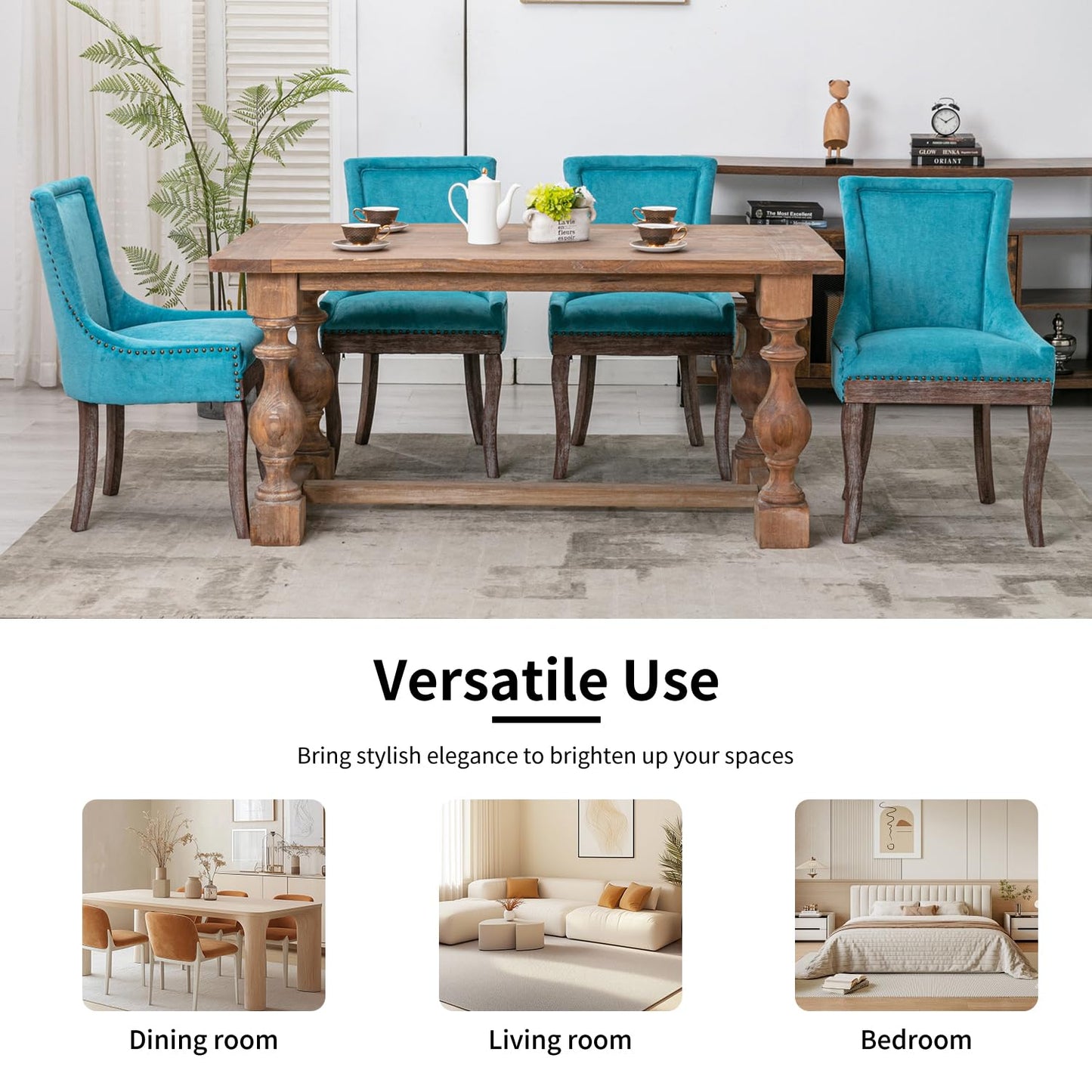 Yayzy Modern Dining Chairs Set of 6, Upholstered Fabric High Back Dining Chairs with Nailhead Trim & Solid Wood Legs for Dining Room & Kitchen, Blue