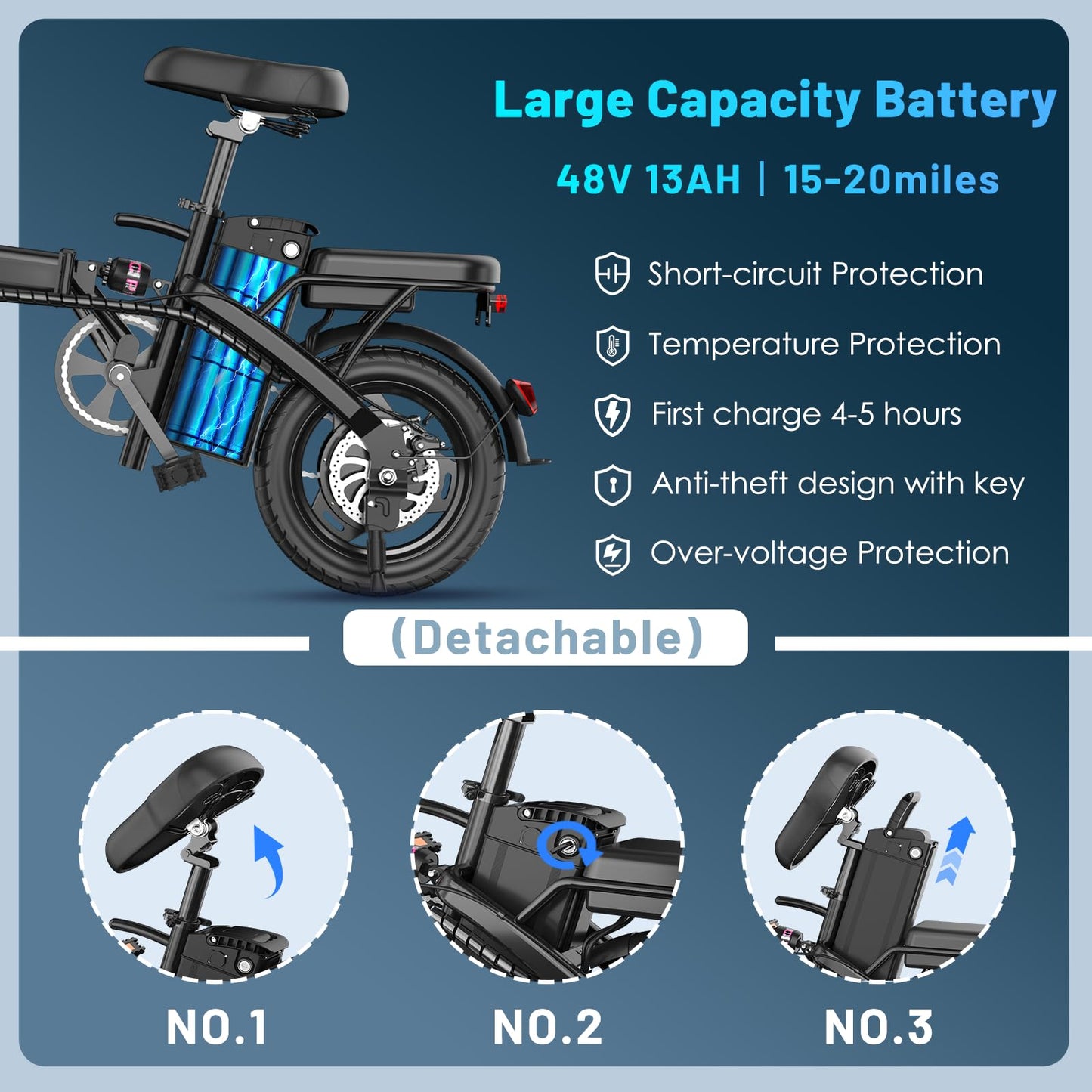 Folding Electric Bike for Adults and Teens, 14" Foldable E-Bike with 500W Motor, Commuter Mini E Bikes with 48V Removable Battery UL 2849 Certified, Electric Bicycle with 25 Miles PAS Range (Black)