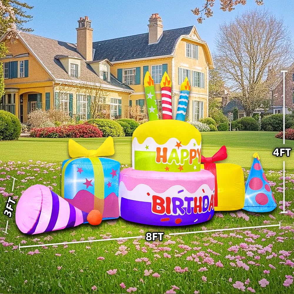 8FT Inflatable Happy Birthday Cake Decoration with Candles Blow up Outdoor Yard Decorations, Built-in LED Lights for Holiday Party Garden Lawn Indoor Home Celebration