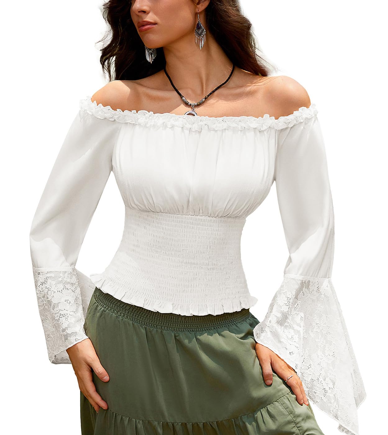 Women Renaissance Shirt Bell Sleeve Shirt Off The Shoulder Long Sleeve y2k Top White M