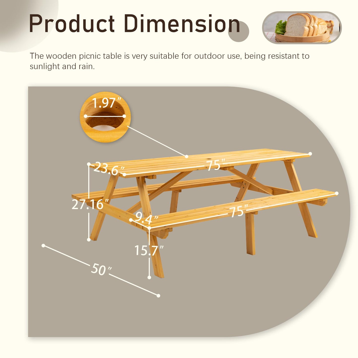 Voryvans Picnic Table with Bench for 8 Person Outdoor Wooden Rectangle Table for Patio Garden Backyard Large Outside Dining Table Set with Umbrella Hole 6.25FT Natural