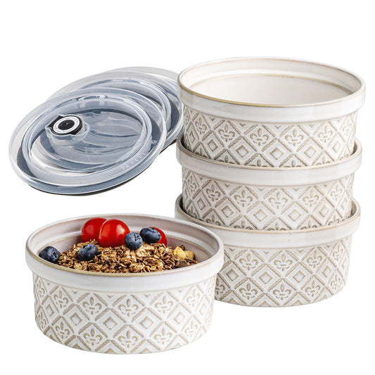 28 Oz Cereal Bowls Set with Lids, Ceramic Salad Bowls for Kitchen, Preparing, Camping, Office Lunch, 6 Inch Porcelain Ramekins Soup Bowls with Airtight Lids set of 4, Housewarming Present, Beige