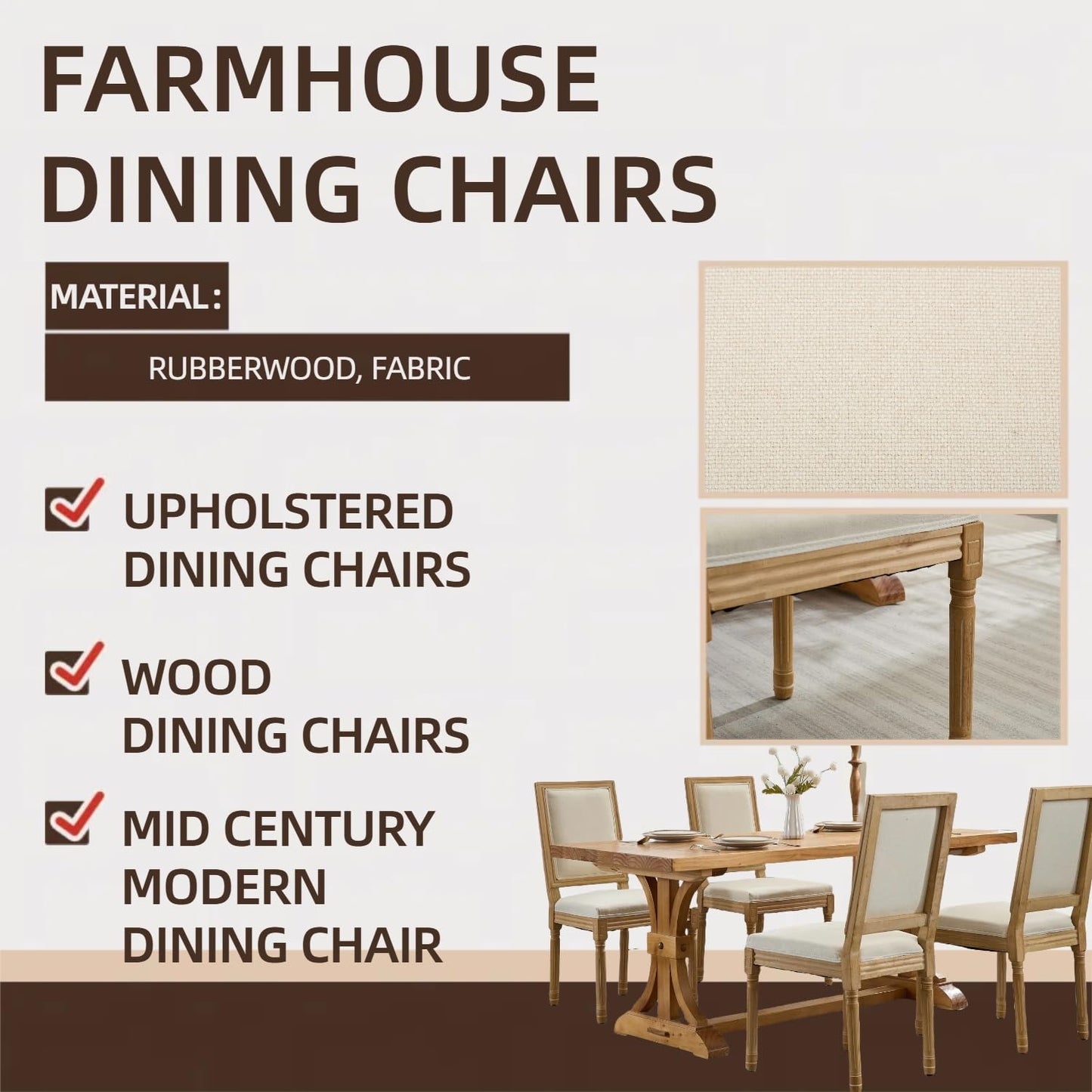 WYYHOBXC Farmhouse Dining Chairs Set of 2, Wood Dining Chair with Upholster Backrest & Cushion, Kitchen Table Chairs with Roman Column Legs for Dining Room