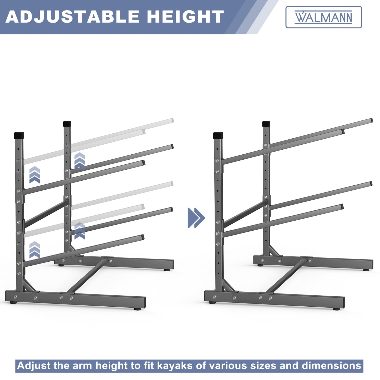 WALMANN Garage Kayak Storage Rack, Heavy-Duty Metal Kayak Rack 2-Tier Adjustable Freestanding Kayak Stand, Holds Up to 320 lbs