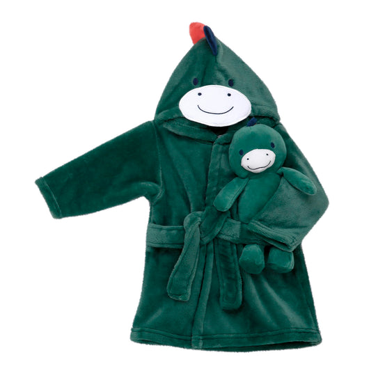 2 Piece Plush Robe and Toy Set for Baby witih Embroidered Hood, Plush Dino 8 inch Toy included, Infant 0-9M (Dinosaur, Green)