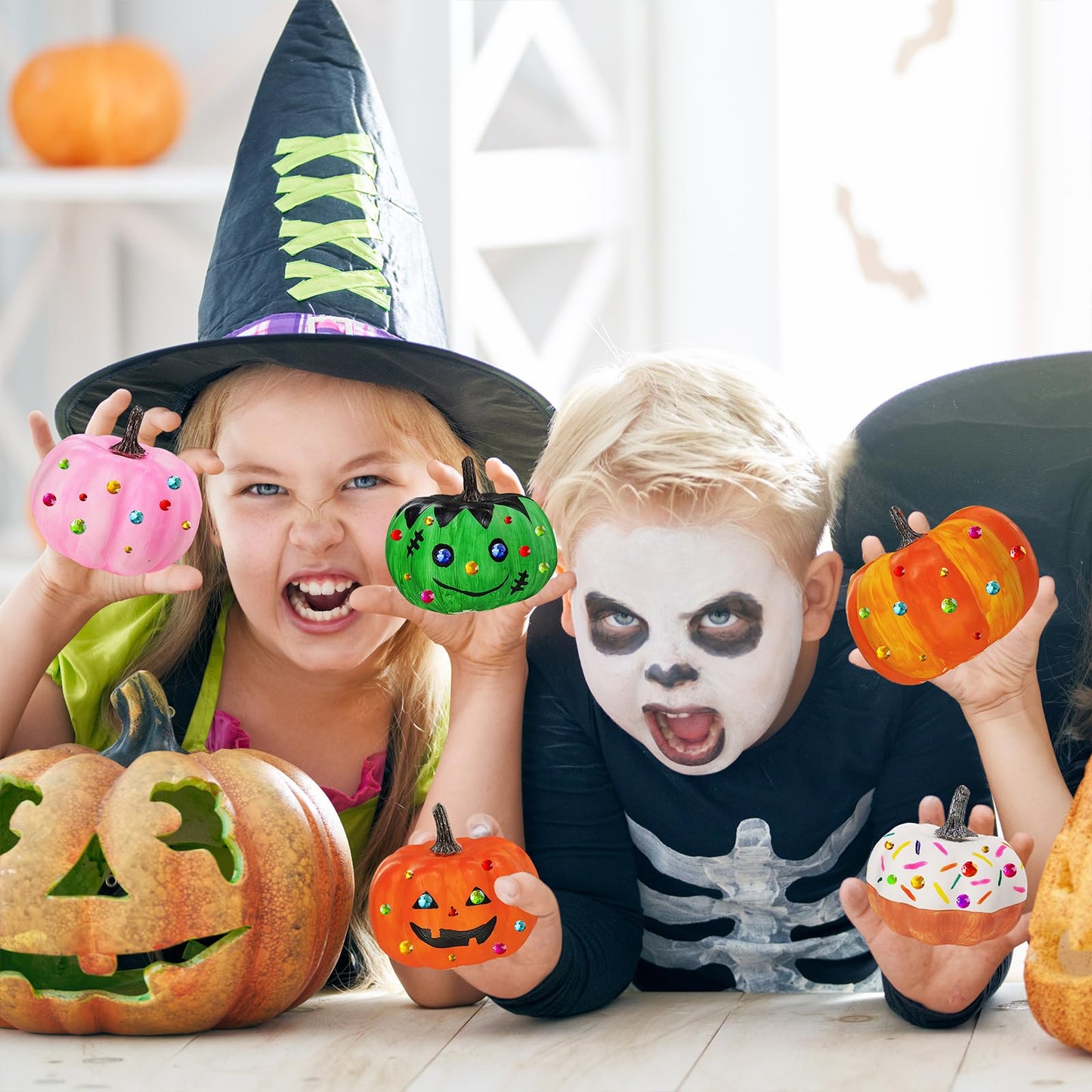 Winlyn 16 Sets 3" DIY Fall Pumpkin Painting Kits Paint Your Own Pumpkins White Foam Craft Pumpkins with Jack-O-Lantern Face Stickers for Classroom Thanksgiving Halloween Decor Holiday Party Activities