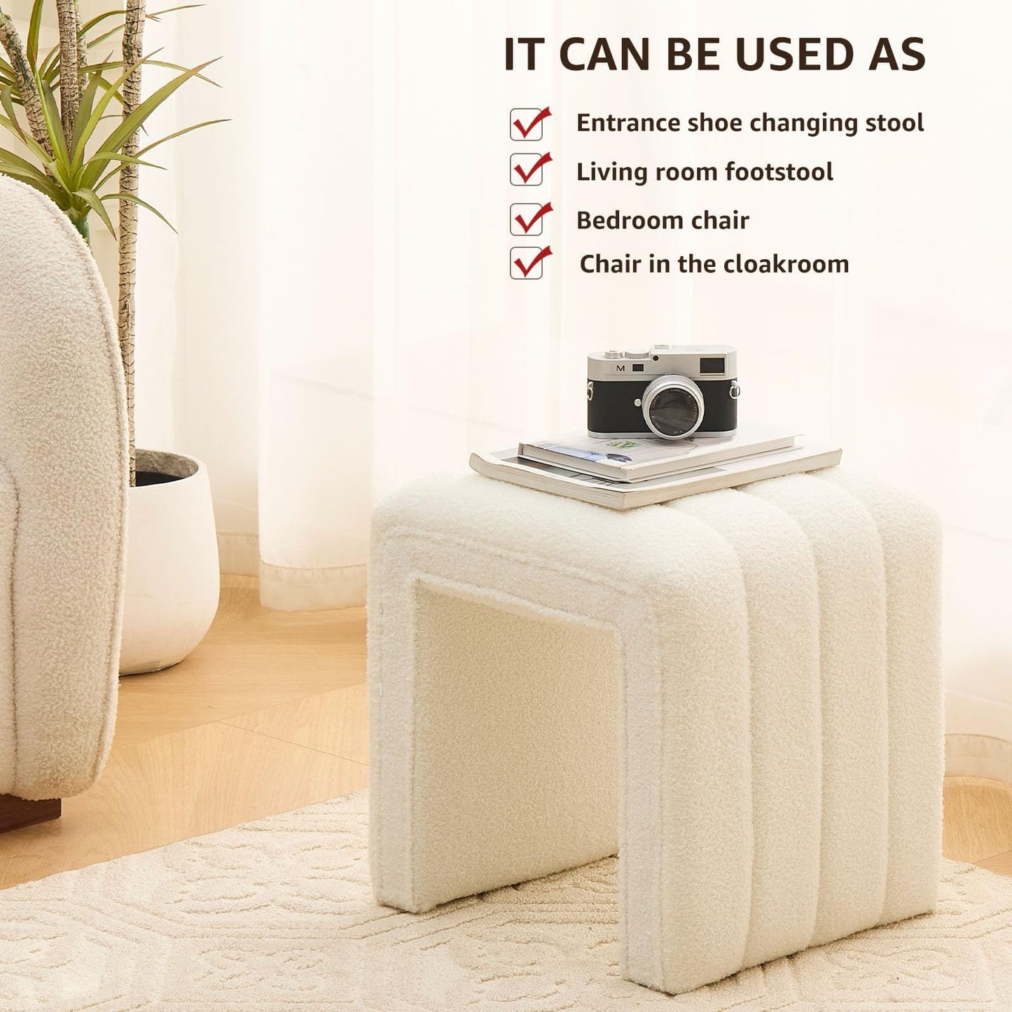 Wimarsbon Vanity Stool Chair, Modern Teddy Velvet Ottoman Footrest, Sofa Bench Footstool Extra Seat, Home Decor for Makeup Room, Living Room, Entryway, Office (White)