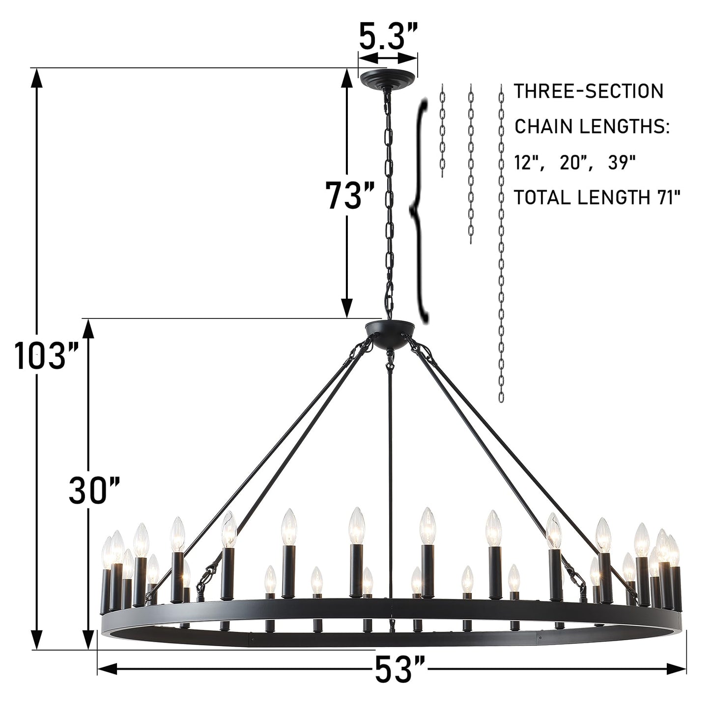 53 Inch Large Black Wagon Wheel Chandelier 30-Light Farmhouse Wagon Wheel Chandeliers Round Industrial Ceiling Light fixtures for Outdoor Porch high Ceilings Living Dining Room Foyer Entryway