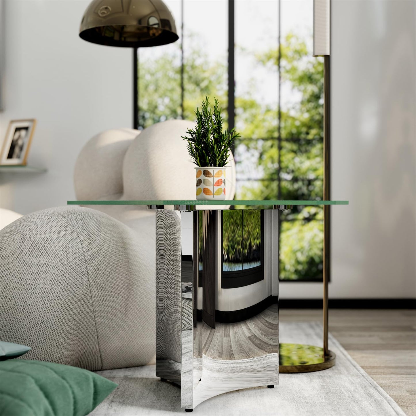 3-Piece Coffee Table Set, Modern Coffee Table & 2 End Table, Living Room Tables with Tempered Glass Top and Silver Mirrored Stainless Steel Geometric Base