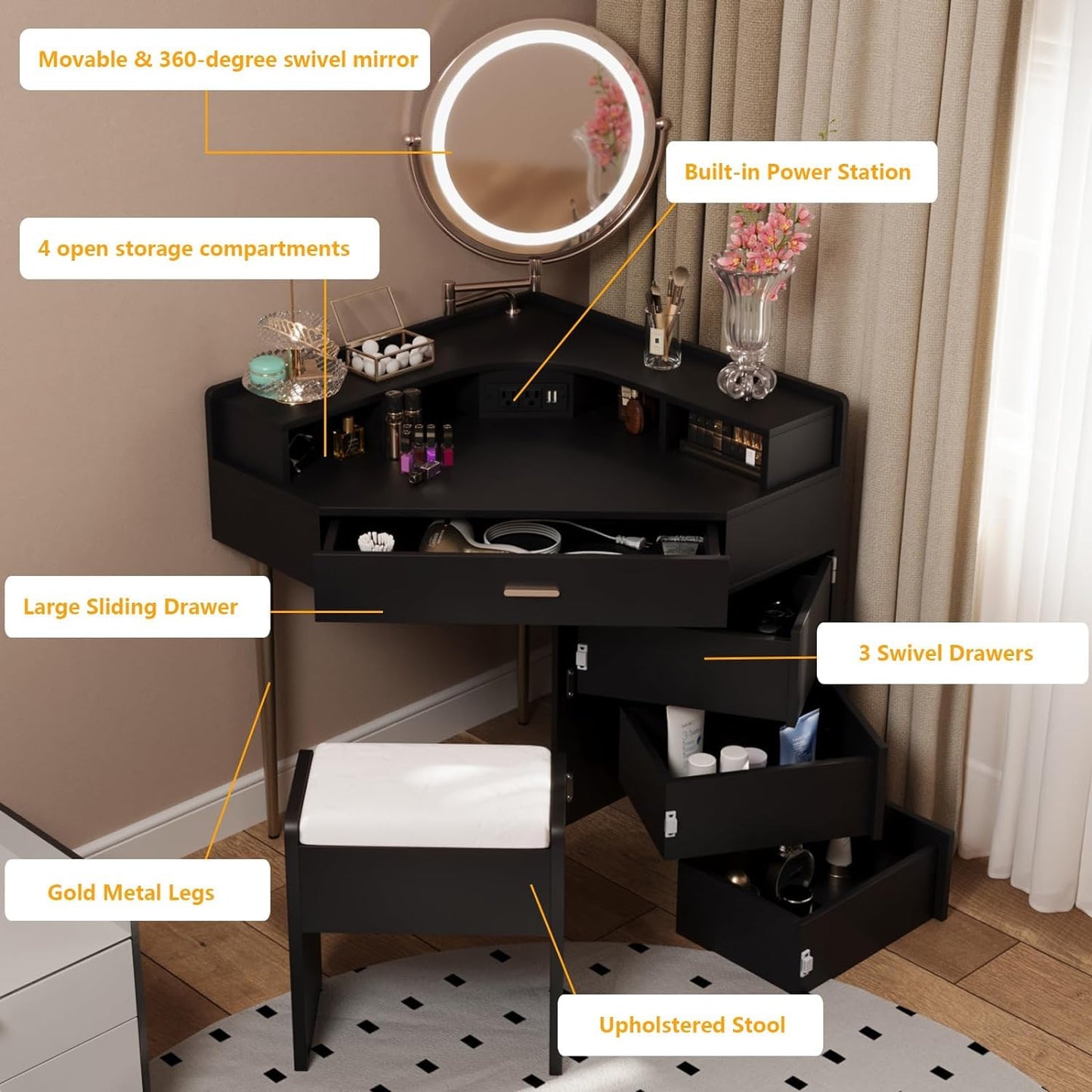 Vliekcy Black Corner Vanity Desk Makeup Vanity Table with Extendable Mirror and Lights Makeup Dressing Table with Drawers Charging Station Stool Vanity Set for Girls Women