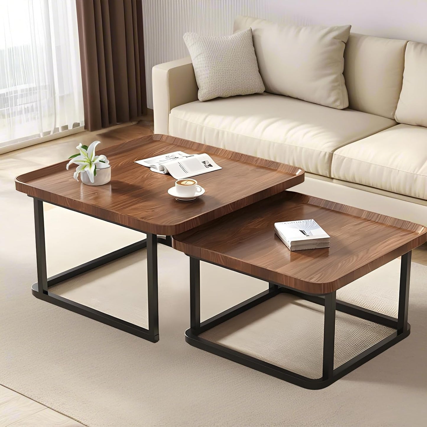 Windpost Square Nesting Coffee Table Set of 2, 23.6"+19.7" Nesting Tables,Small Square Coffee Table with Fluted,Center Table for Living Room Bedroom Office Balcony Yard (Walnut)