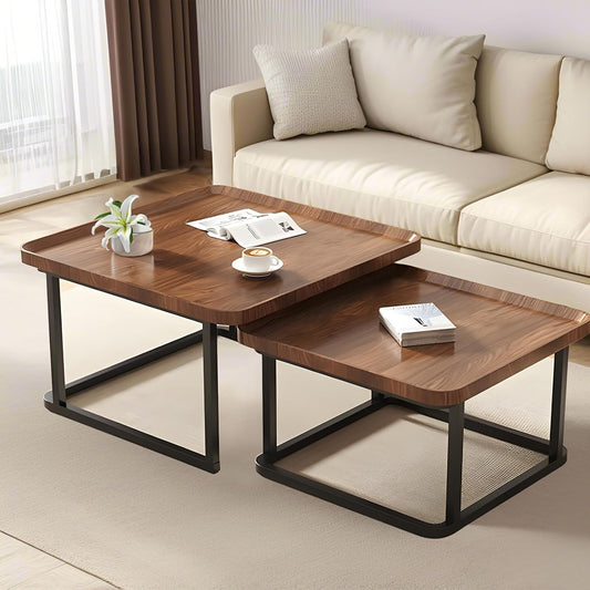 Windpost Square Nesting Coffee Table Set of 2, 23.6"+19.7" Nesting Tables,Small Square Coffee Table with Fluted,Center Table for Living Room Bedroom Office Balcony Yard (Walnut)