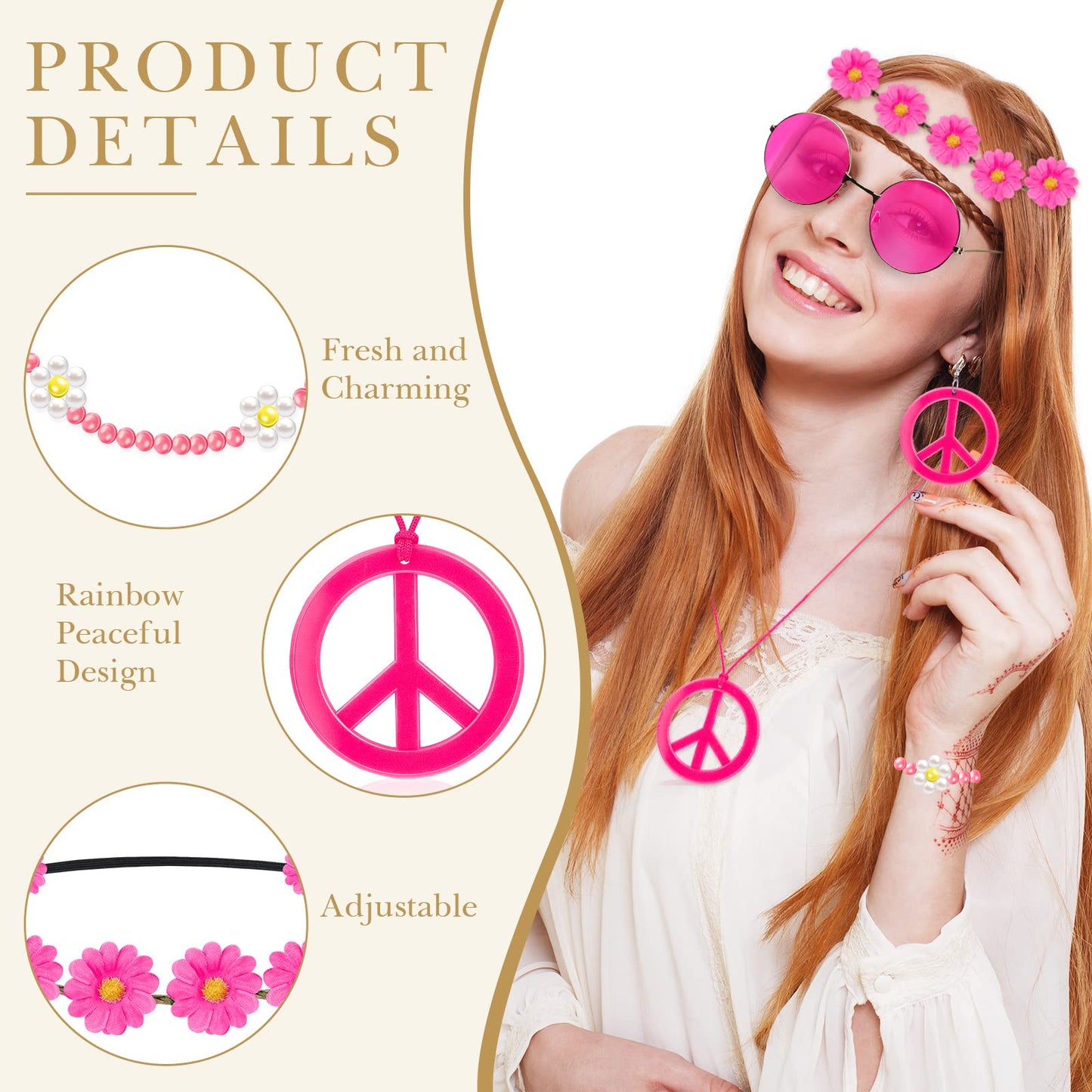 6 Pcs Hippie Costume Accessories Set, Boho Peace Sign Daisy Flower 60s 70s Party Favors Decorations for Groovy Party Girls (Rose Red)