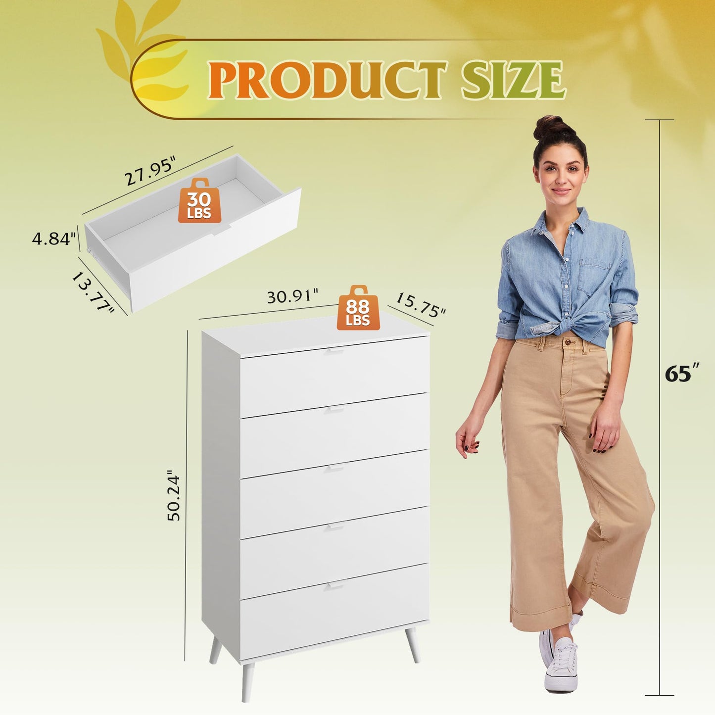 WLIVE 5 Drawer Dresser for Bedroom, Tall Wood Dresser, White Dressers Storage Organizer with Sturdy Metal Handle, Chest of Drawers for Living Room, Hallway, Closet