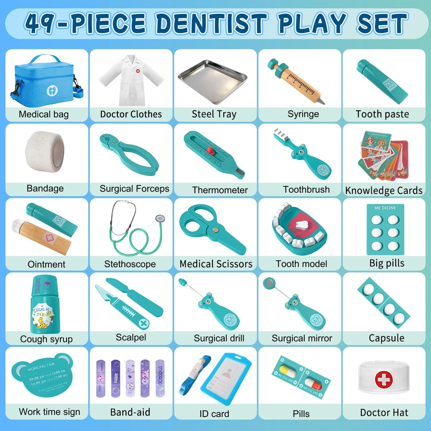 XZZO Doctor Kit for Toddlers 3-5, Wooden Kids Dentist Play Set, Doctor Play Set Pretend Play Toys for Toddlers , Realistic Wooden Medical Kit Role Play Set, Gifts for Boys Girls 3+ Years