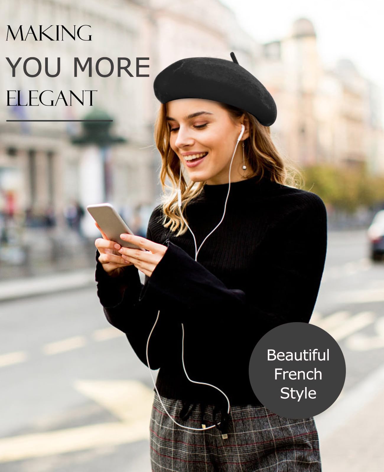 Wool Berets for Women - Classic French Beret Hats for Women and Kids, Solid Color Artist Style - Black Beret