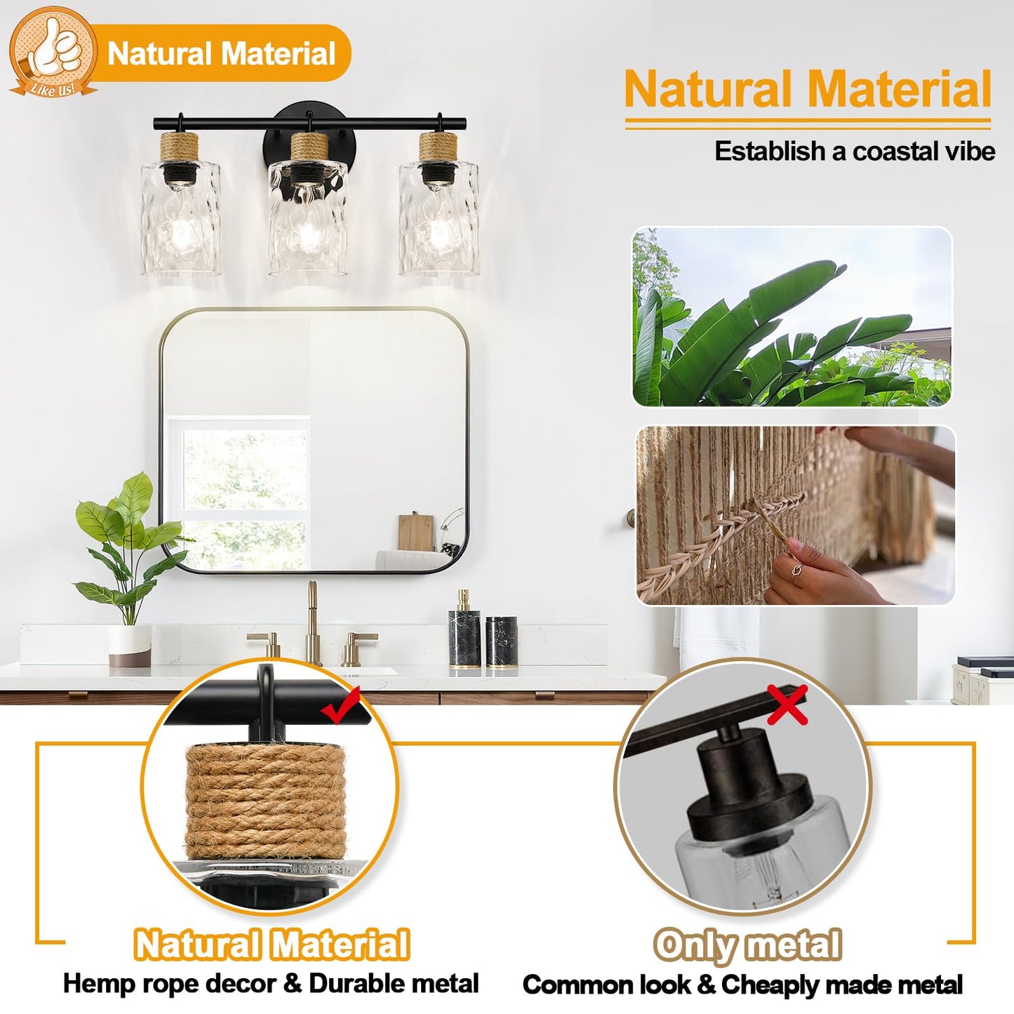 2025 Upgrade 3-Light Bathroom Light Fixtures, Coastal Vanity Lights with Crystal Glass Shade, Black Bathroom Wall Lamp for Mirror Kitchen Hallway Cabinet