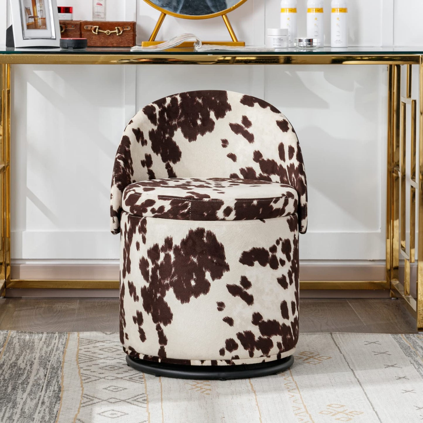 Ya-Home Modern Swivel Ottoman Vanity Chair, Linen Upholstered Barrel Club 360°Degree Swivel Side Stool with Storage, Comfy Makeup Stool for Bedroom Living Room, Milk Cow