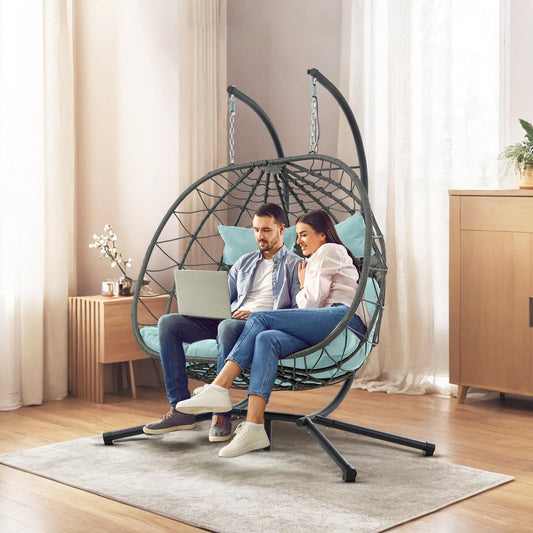 2 Person Double Egg Swing Chair with Stand Indoor Outdoor, Hammock Swing Chair Foldable Hanging Chair, Patio Wicker Hanging Egg Chair w/Cushion 700LBS Capacity for Bedroom, Balcony, Garden, Blue
