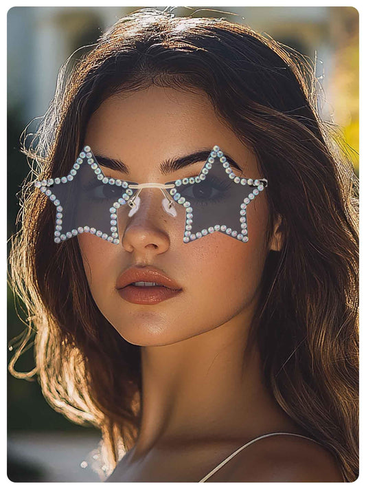 Woeoe Star Shape Sunglasses Rhinestone Rimless Sun Glasses for Women